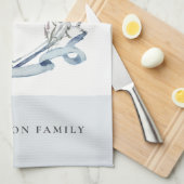 青エレガント野花水彩モノグラムクレスト キッチンタオル (四つ折り)