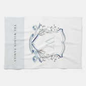青エレガント野花水彩モノグラムクレスト キッチンタオル (横)