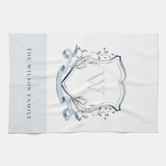 青エレガント野花水彩モノグラムクレスト キッチンタオル (横)