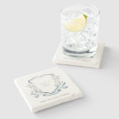 青エレガント野花水彩モノグラムクレスト ストーンコースター (横)