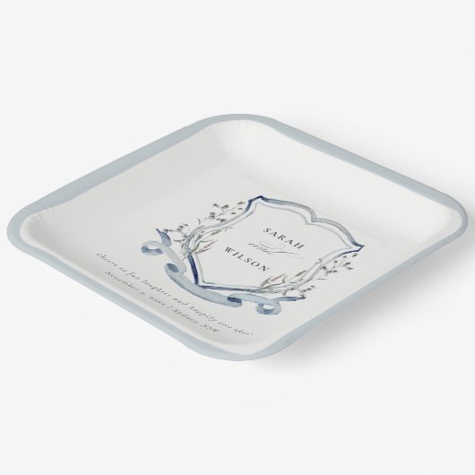 青エレガント野花水紋結婚の ペーパープレート (傾斜あり)