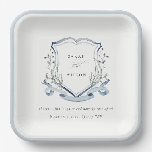 青エレガント野花水紋結婚の ペーパープレート (正面)