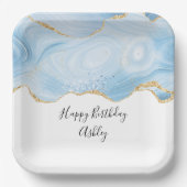 青エレガント金ゴールドアガテ縁ど誕生日 ペーパープレート (正面)