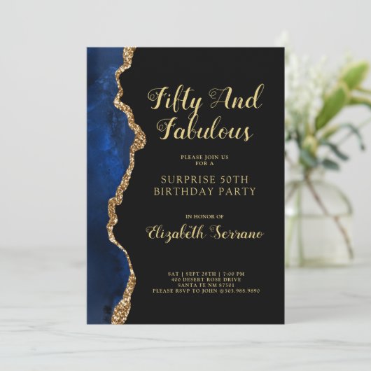 青エレガント金ゴールドアゲートサプライズ50誕生日Inv 招待状 (スタンド正面)