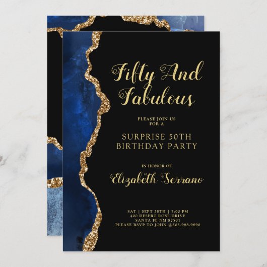 青エレガント金ゴールドアゲートサプライズ50誕生日Inv 招待状 (正面/裏面)