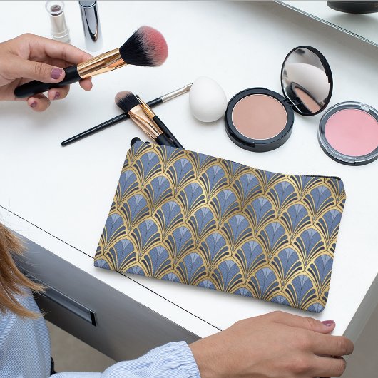 青エレガント金ゴールドアールデコヴィンテージパターン アクセサリーポーチ