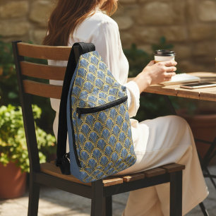 青エレガント金ゴールドアールデコヴィンテージパターン スリングバッグ