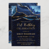 青エレガント金ゴールドグリッターアゲート21歳の誕生日 招待状 (正面/裏面)