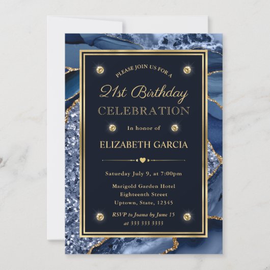 青エレガント金ゴールドグリッターアゲート21歳の誕生日 招待状 (正面)