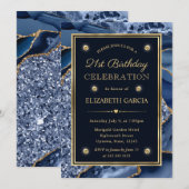 青エレガント金ゴールドグリッターアゲート21歳の誕生日 招待状 (正面/裏面)