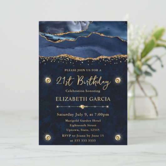 青エレガント金ゴールドグリッターアゲート21歳の誕生日 招待状 (スタンド正面)