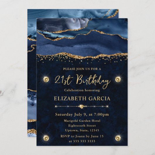 青エレガント金ゴールドグリッターアゲート21歳の誕生日 招待状 (正面/裏面)