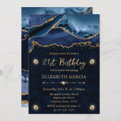 青エレガント金ゴールドグリッターアゲート21歳の誕生日 招待状 (正面/裏面)