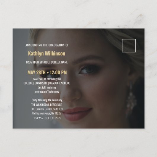 青エレガント金ゴールドグリッタースクリプト写真卒業 案内ポストカード (裏面)