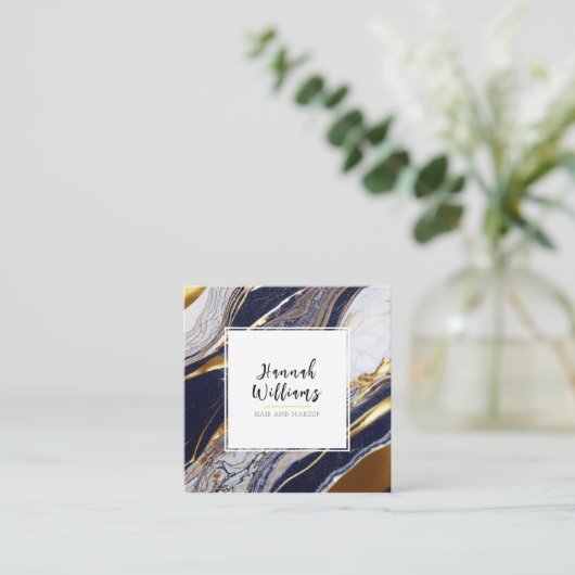 青エレガント金ゴールドグリッターQRコード抽象芸術大理石 スクエア名刺 (スタンド正面)