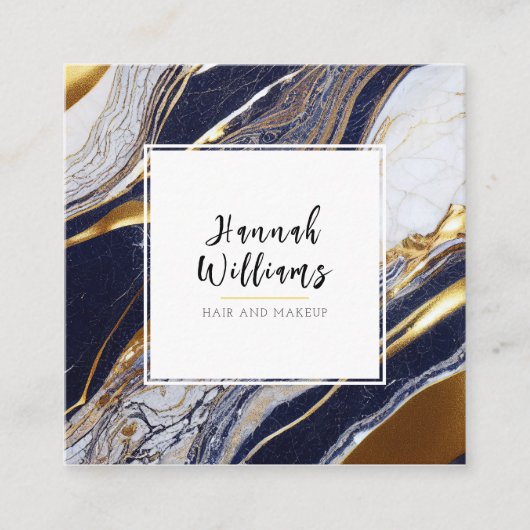 青エレガント金ゴールドグリッターQRコード抽象芸術大理石 スクエア名刺 (正面)