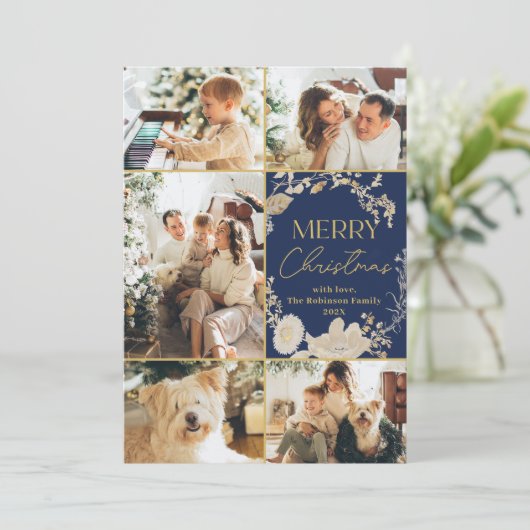 青エレガント金ゴールドスクリプ数々のト写真クリスマス シーズンカード (スタンド正面)