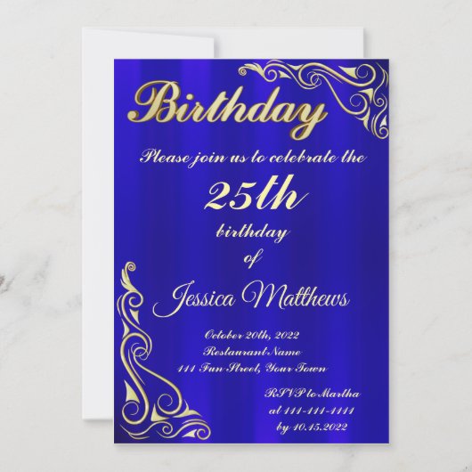 青エレガント金ゴールドタイポグラフィカスタム誕生日 招待状 (正面)