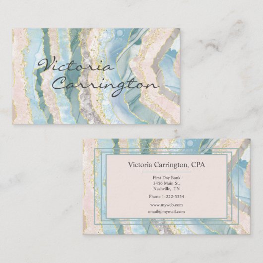 青エレガント金ゴールドティール（緑がかった色）Agateスクリプト 名刺 (正面/裏面)