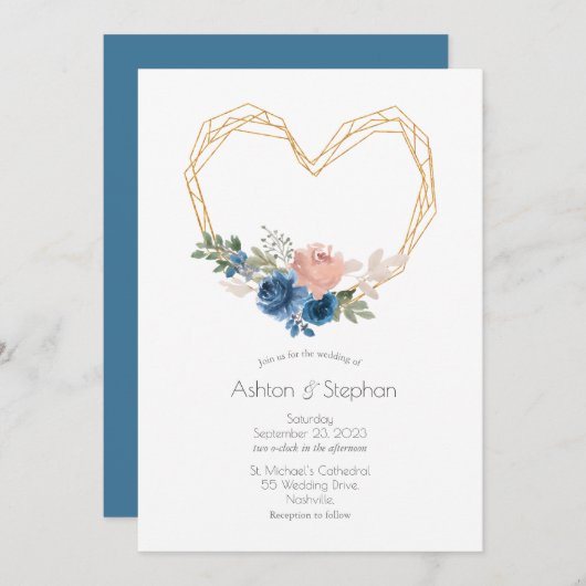 青エレガント金ゴールドハート結婚フローラ 招待状 (正面/裏面)