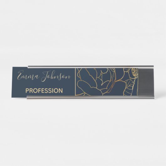 青エレガント金ゴールドバラフローラ デスクネームプレート (正面)