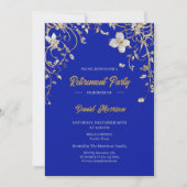 青エレガント金ゴールドフローラフレーム退職2025 招待状 (正面)