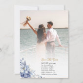 青エレガント金ゴールドフローラ結婚式の日付の保存 招待状 (裏面)