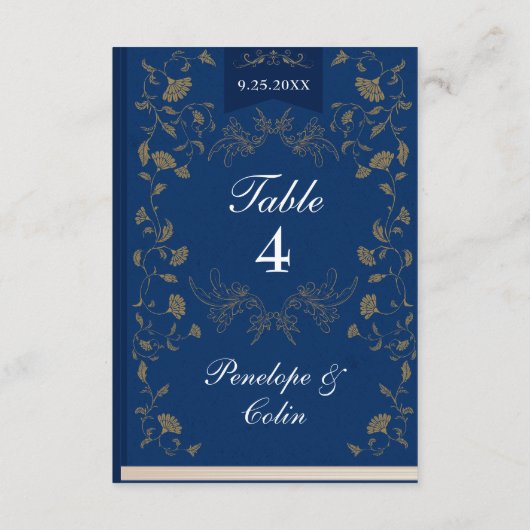 青エレガント金ゴールドブックカバー結婚のテーブル番号 エンクロージャーカード (裏面)