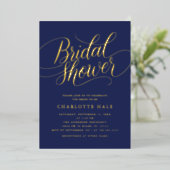 青エレガント金ゴールドブライダルシャワー 箔招待状 (立ち正面)