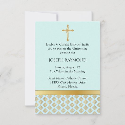 青エレガント金ゴールドベビー《キリスト教》洗礼式や命名式招待状 招待状 (正面)