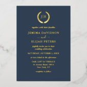 青エレガント金ゴールドリースモノグラム結婚ズ 箔招待状 (正面)