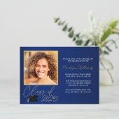 青エレガント金ゴールド写真卒業のお知らせ 招待状 (スタンド正面)