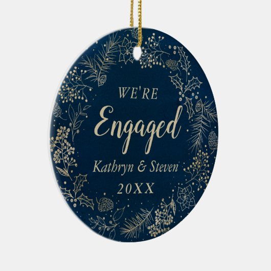 青エレガント金ゴールド初めてのクリスマス婚約した写真 セラミックオーナメント (右)