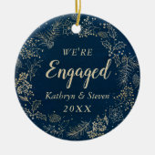 青エレガント金ゴールド初めてのクリスマス婚約した写真 セラミックオーナメント (正面)