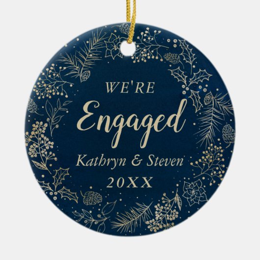 青エレガント金ゴールド初めてのクリスマス婚約した写真 セラミックオーナメント (正面)