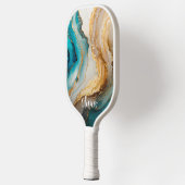 青エレガント金ゴールド大理石パーソナライズされた名 ピックルボールラケット (左)