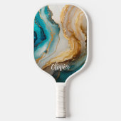 青エレガント金ゴールド大理石パーソナライズされた名 ピックルボールラケット (正面)