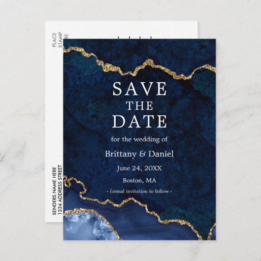 青エレガント金ゴールド大理石Geode日付を保存 案内ポストカード (正面/裏面)