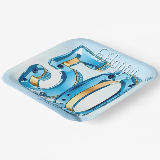 青エレガント金ゴールド宝石50誕生日 ペーパープレート (傾斜あり)