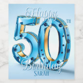 青エレガント金ゴールド宝石50誕生日 ワインラベル (シングルラベル)