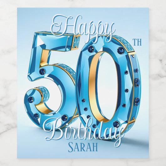 青エレガント金ゴールド宝石50誕生日 ワインラベル (シングルラベル)