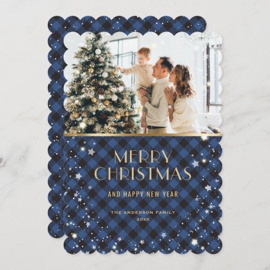 青エレガント金ゴールド格子雪の写真 シーズンカード (正面/裏面)