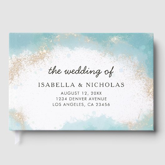 青エレガント金ゴールド水彩写真結婚の ゲストブック (正面)