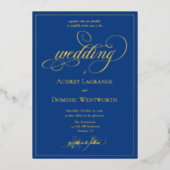 青エレガント金ゴールド結婚筆跡 箔招待状 (正面)