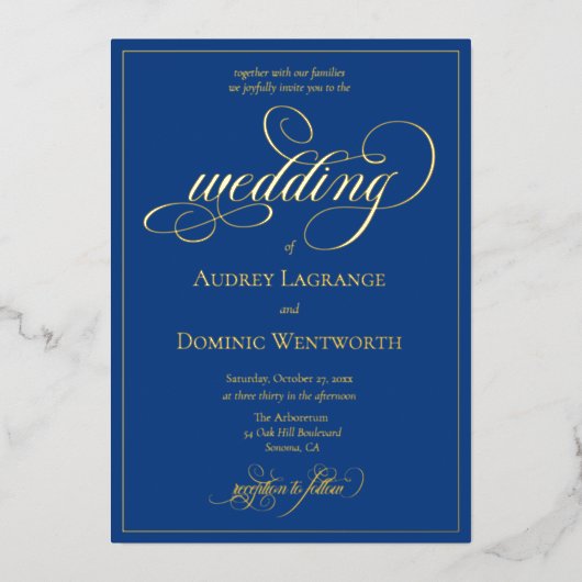 青エレガント金ゴールド結婚筆跡 箔招待状 (正面)