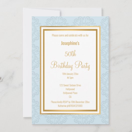 青エレガント金ゴールド縁ど抽象芸術誕生日 招待状 (正面)