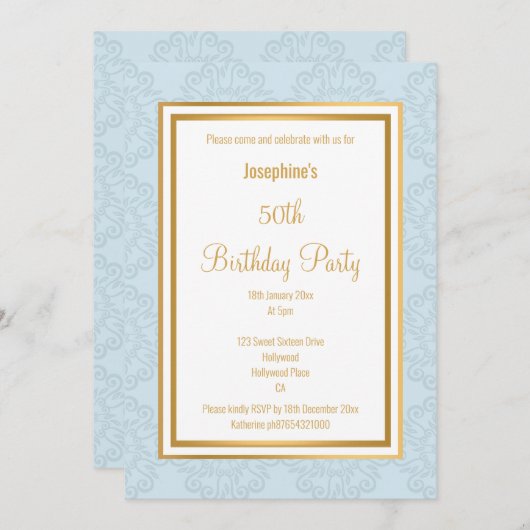 青エレガント金ゴールド縁ど抽象芸術誕生日 招待状 (正面/裏面)