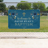 青エレガント金ゴールド花洗礼歓迎サイン 横断幕 (インサイチュ)