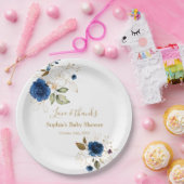 青エレガント金ゴールド花赤ちゃんシャワー ペーパープレート (パーティー)