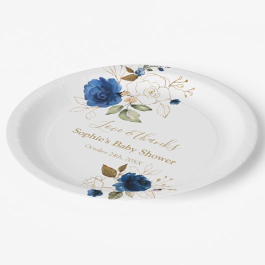 青エレガント金ゴールド花赤ちゃんシャワー ペーパープレート (アングル)